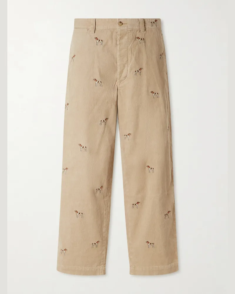 Ralph Lauren Straight-Leg Embroidered Cotton-Corduroy Trousers Neutrals