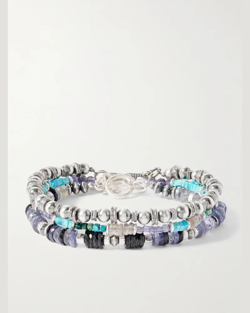 Peyote Bird Set of Three Sterling Silver Multi-Stone Beaded Bracelets Silver