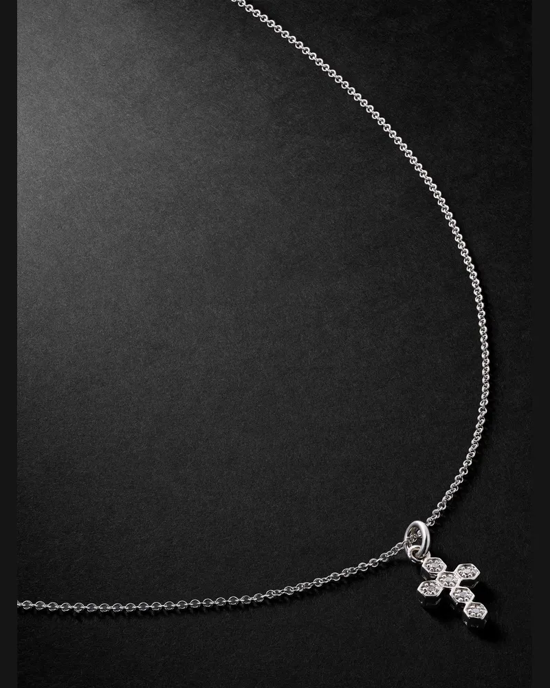 Kolours Hexagon Cross Mini 18-Karat White Gold Diamond Necklace Silver