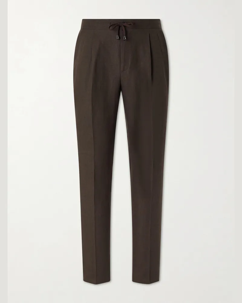 De Petrillo Straight-Leg Pleated Linen Suit Trousers Brown