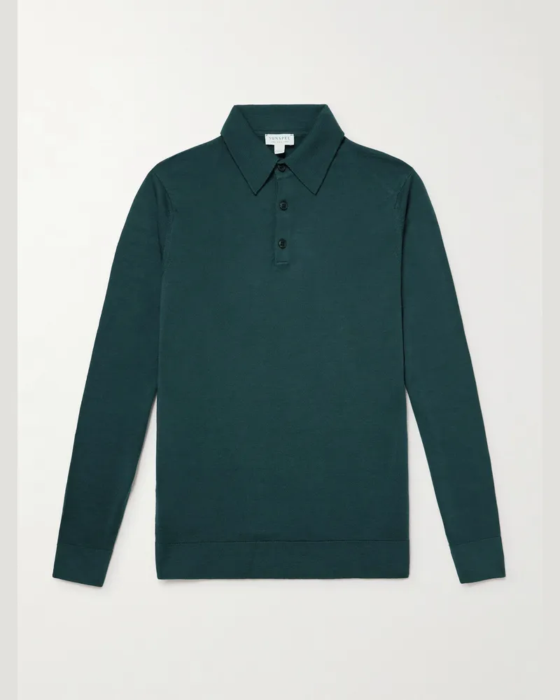 Sunspel Slim-Fit Merino Wool Polo Shirt Green