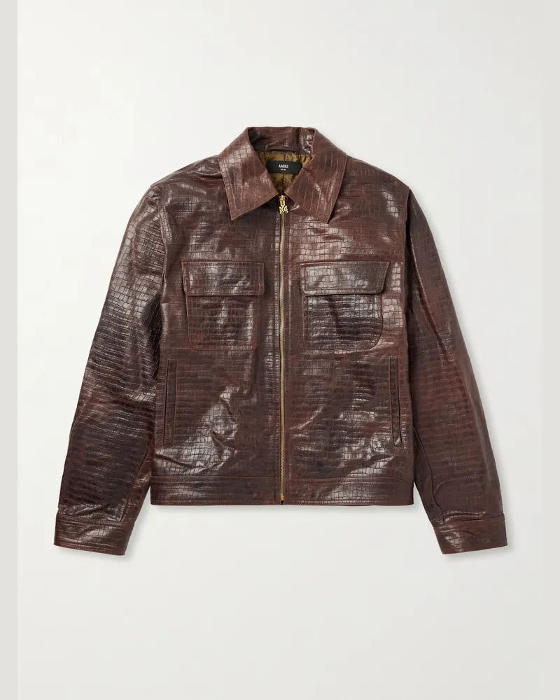 Amiri Jacke aus Leder mit Krokodileffekt Braun