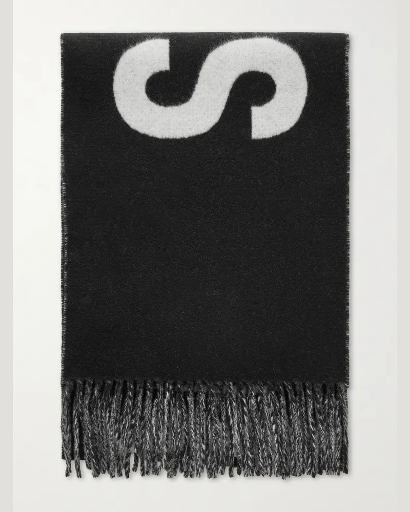 Jacquemus Logo-Intarsia Fringed Wool Scarf Black