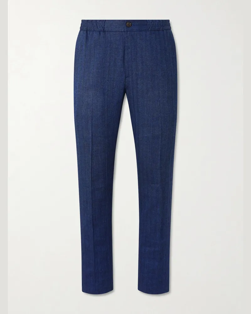 MR P. James Tapered Herringbone Linen-Blend Suit Trousers Blue