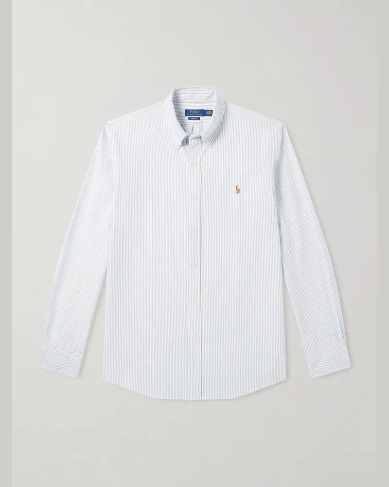 Ralph Lauren Button-Down Collar Logo-Embroidered Striped Cotton Oxford Shirt Blue