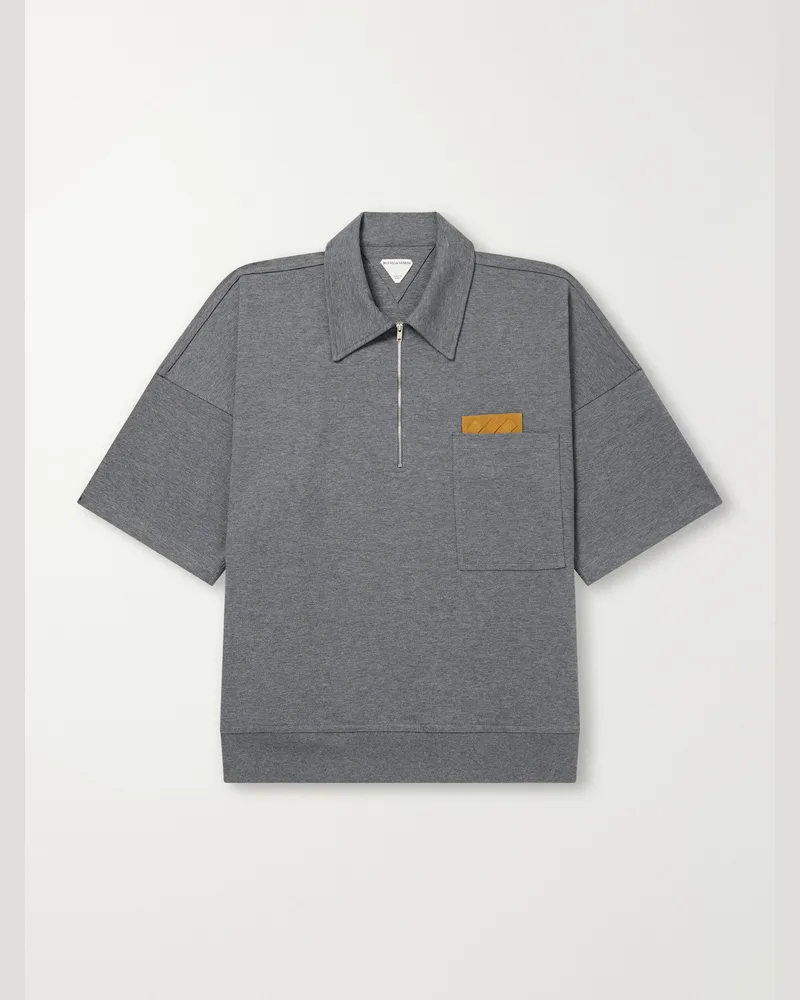 Bottega Veneta Intrecciato Leather-Trimmed Cotton-Jersey Polo Shirt Gray
