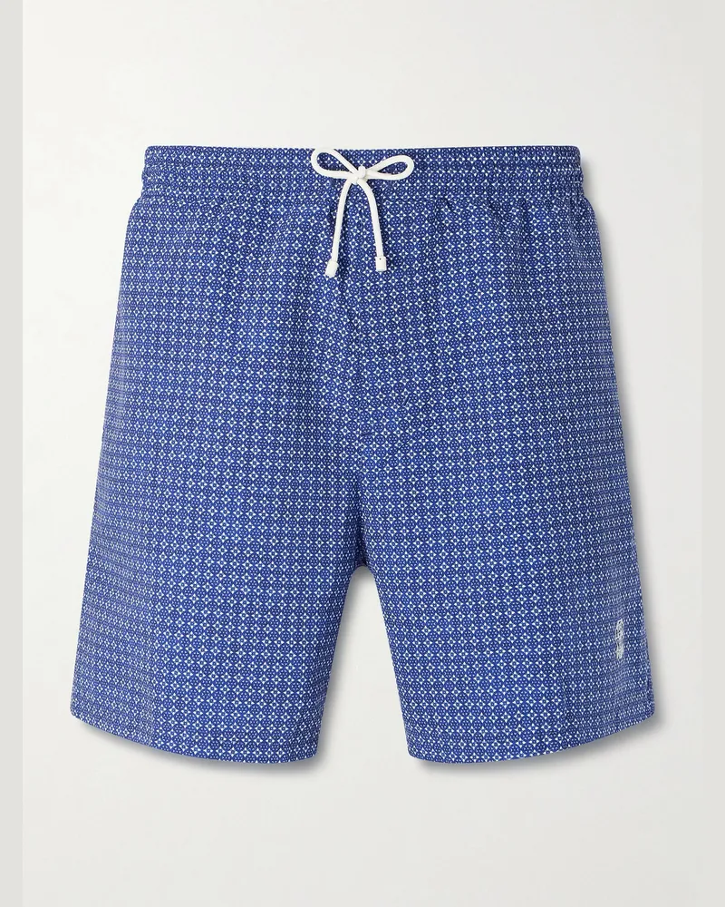 Brunello Cucinelli Straight-Leg Mid-Length Logo-Embroidered Printed Swim Shorts Blue