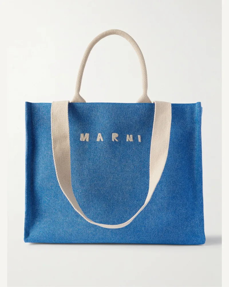 Marni Tote aus Stonewashed-Denim mit Webband und Logostickerei Blau