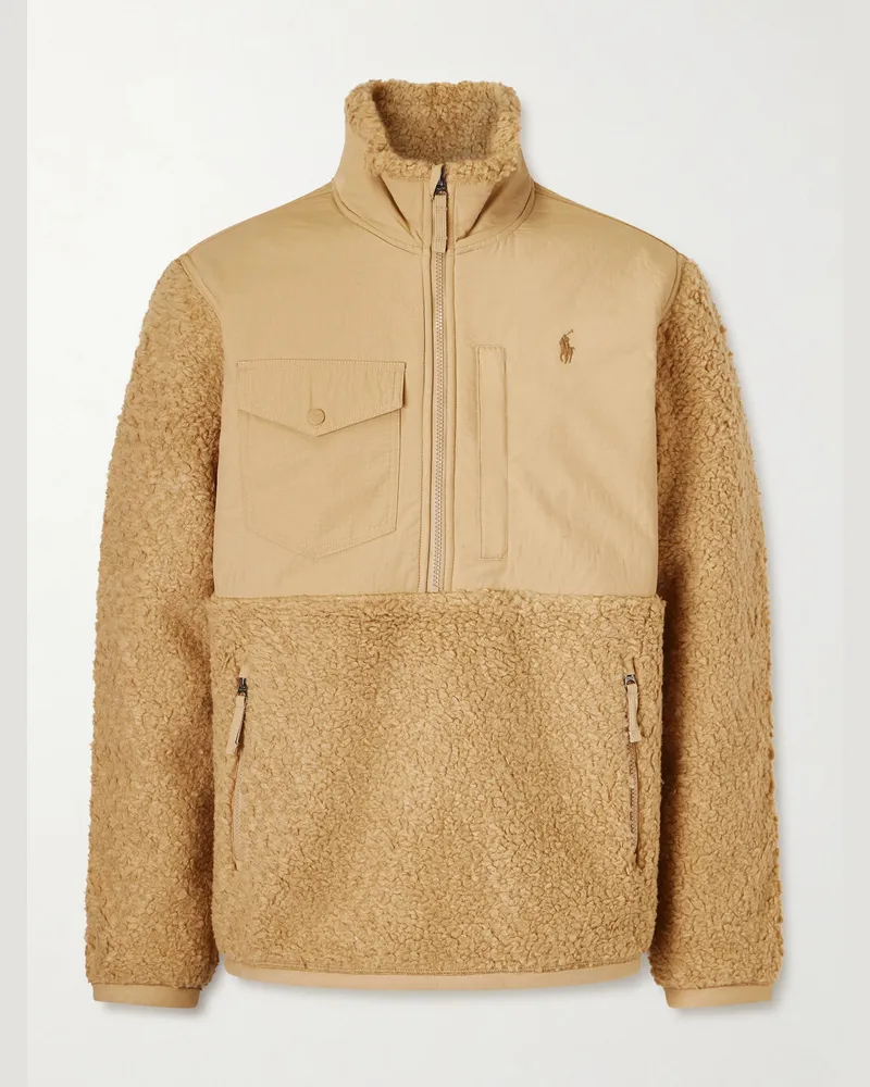 Ralph Lauren Logo-Embroidered Shell-Panelled Fleece Half-Zip Sweatshirt Neutrals