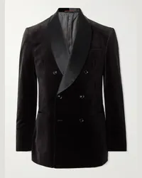 Brunello Cucinelli Doppelreihige Smokingjacke aus geprägtem Baumwollsamt und Satin Braun