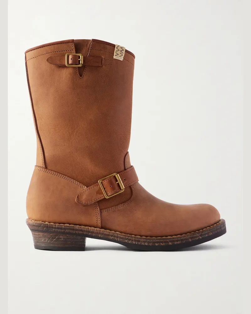 Visvim T.W.O. Folk Distressed Buckled Textured-Leather Boots Brown