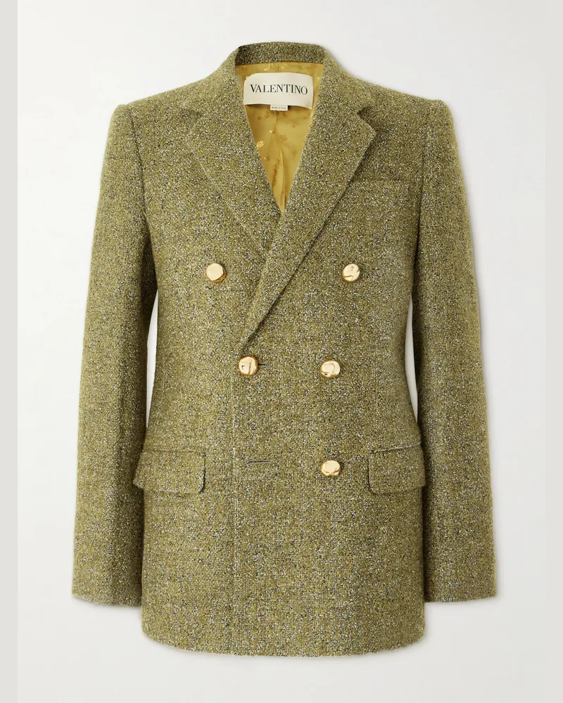 Valentino Garavani Double-Breasted Wool-Blend Bouclé Blazer Green