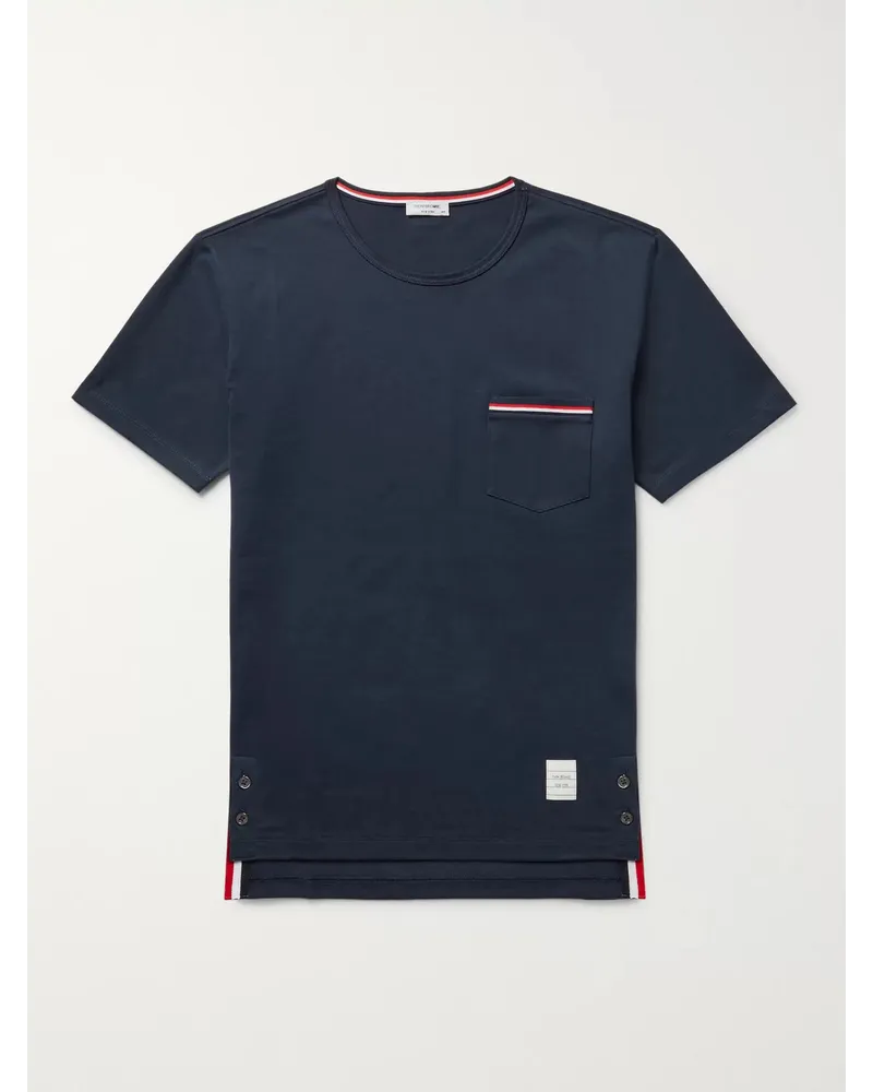 Thom Browne Schmal geschnittenes T-Shirt aus Baumwoll-Jersey mit Ripsbandbesätzen Blau