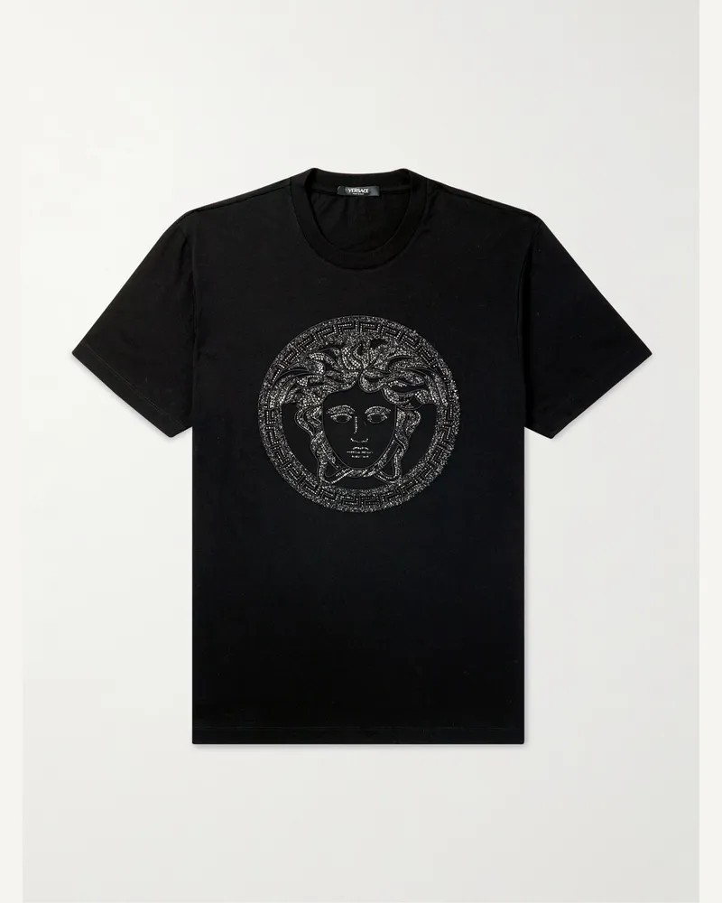 Versace T-Shirt aus Baumwoll-Jersey mit Logostickerei und Kristallen Schwarz