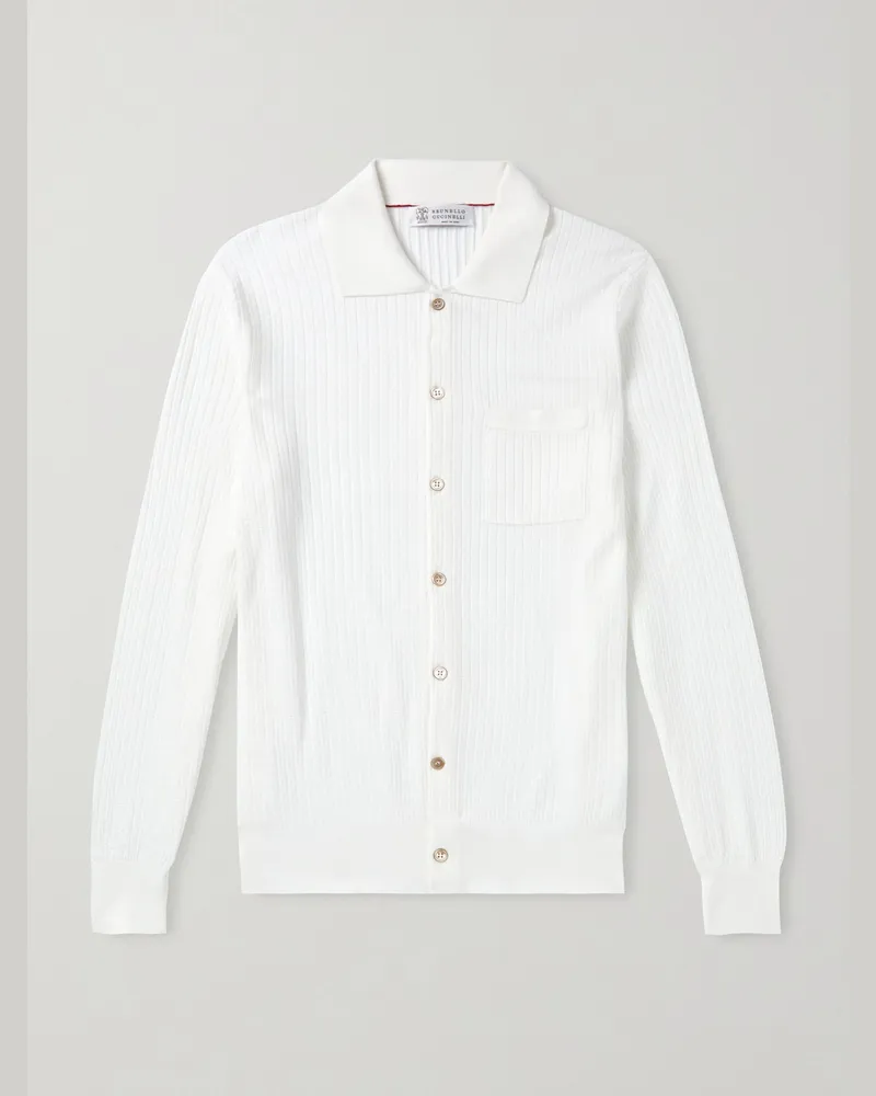 Brunello Cucinelli Ribbed Cotton Polo Shirt White
