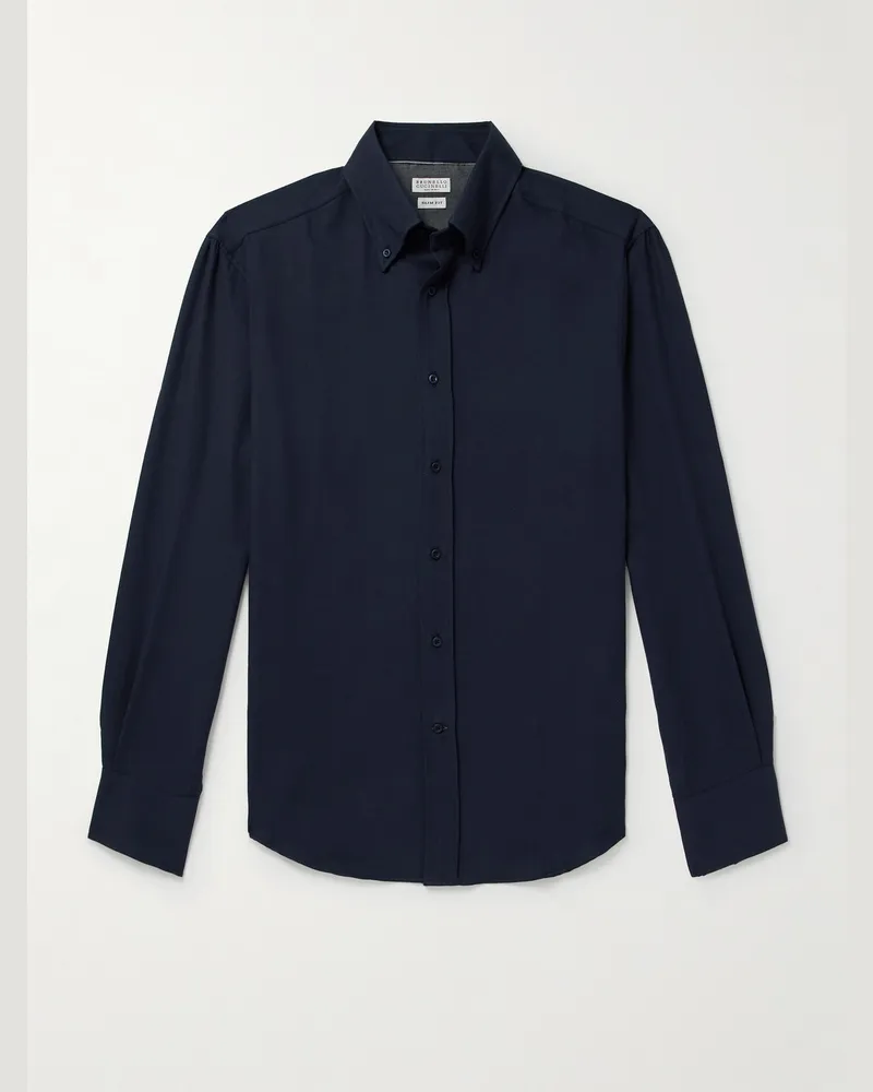 Brunello Cucinelli Schmal geschnittenes Hemd aus einer Baumwoll-Kaschmirmischung mit Button-Down-Kragen Blau