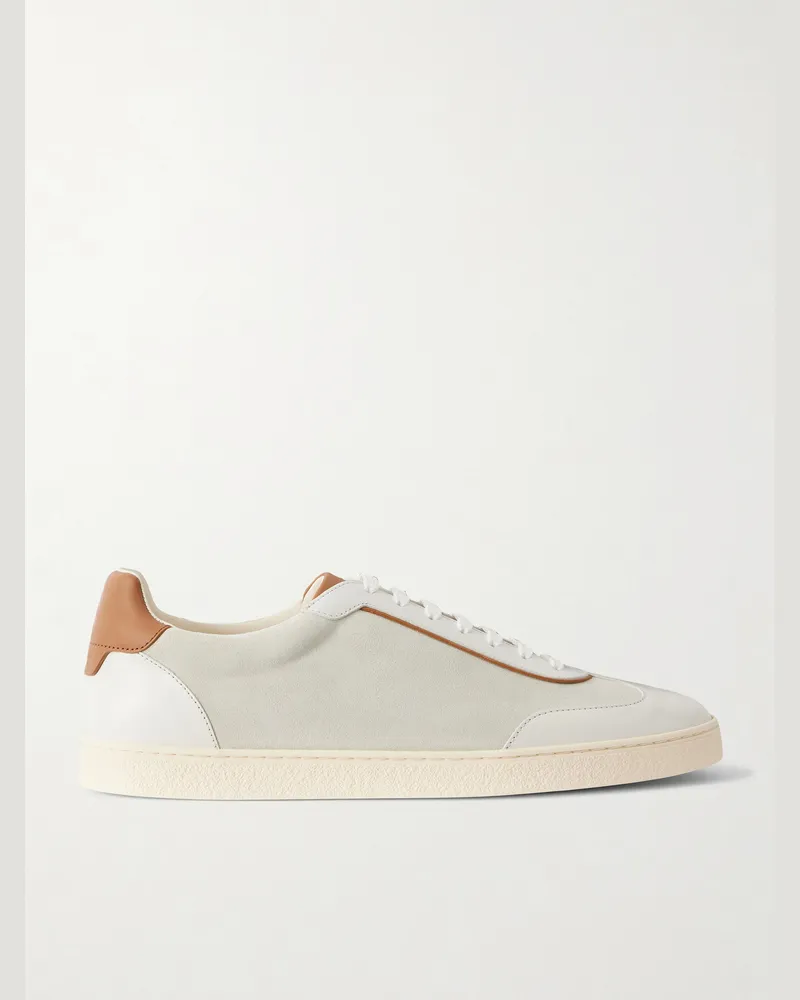 Brunello Cucinelli Coda di Rondine Leather-Trimmed Waxed-Suede Sneakers White