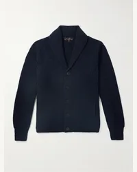 Loro Piana Cardigan aus Wolle in Rippstrick mit Schalkragen Blau