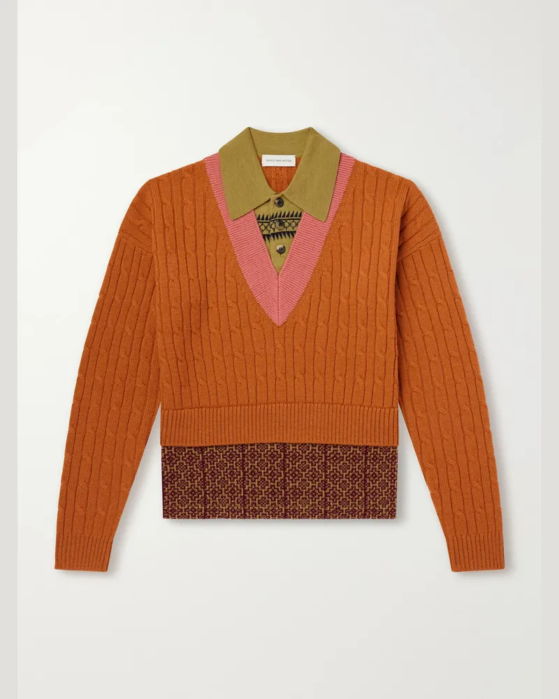 Dries van Noten Jacquard-Trimmed Cable-Knit Wool and Cotton-Blend Sweater Orange