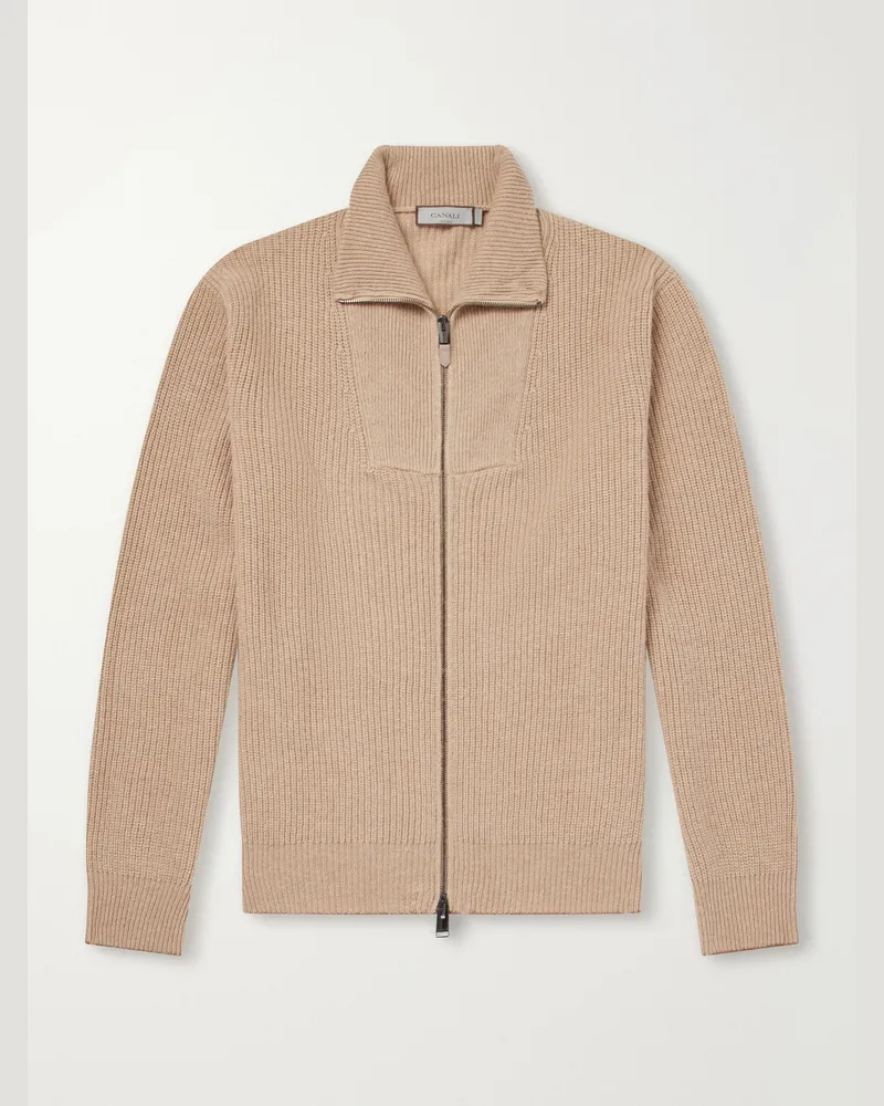 Canali Wool and Cashmere-Blend Zip-Up Sweater Neutrals