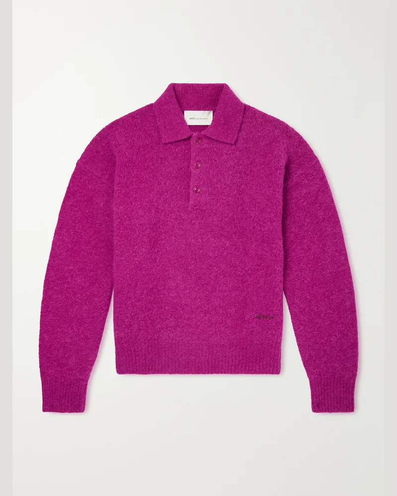 AMI Paris Logo-Embroidered Brushed Wool-Blend Polo Shirt Purple