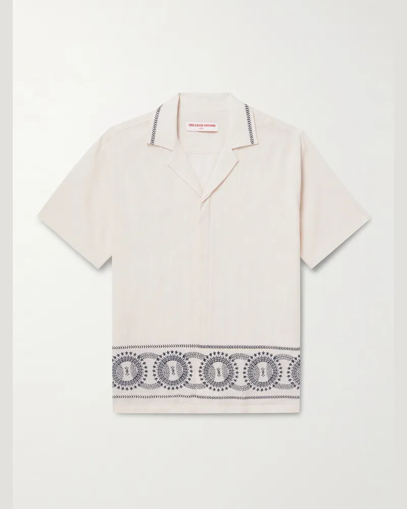 Orlebar Brown Maitan Cirqua Camp-Collar Embroidered Cotton-Gauze Shirt Neutrals