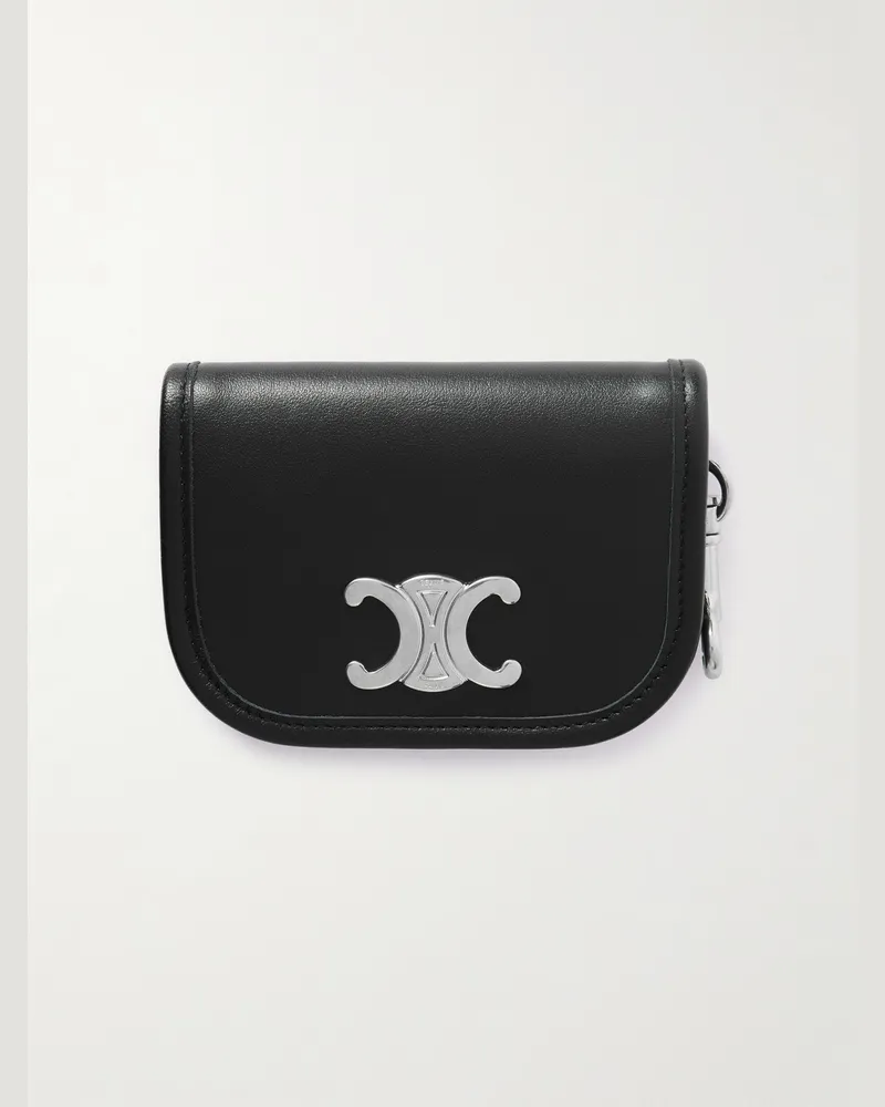 Celine Nano Logo-Embellished Leather and Silver-Tone Keyring Wallet Black