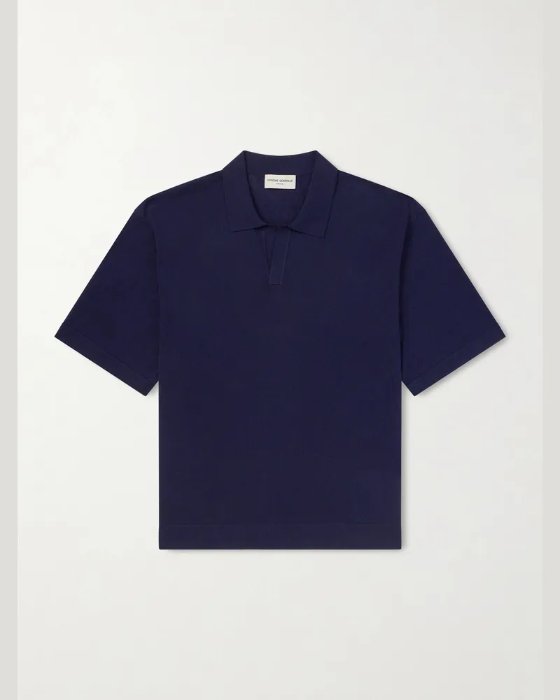 Officine Generale Pele Jacquard-Knit Lyocell and Wool-Blend Polo Shirt Blue