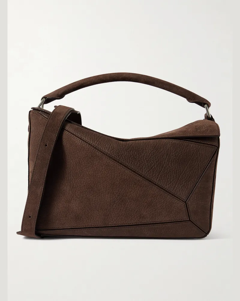 Loewe Puzzle Edge große Umhängetasche aus Nubukleder mit Logoprägung Braun