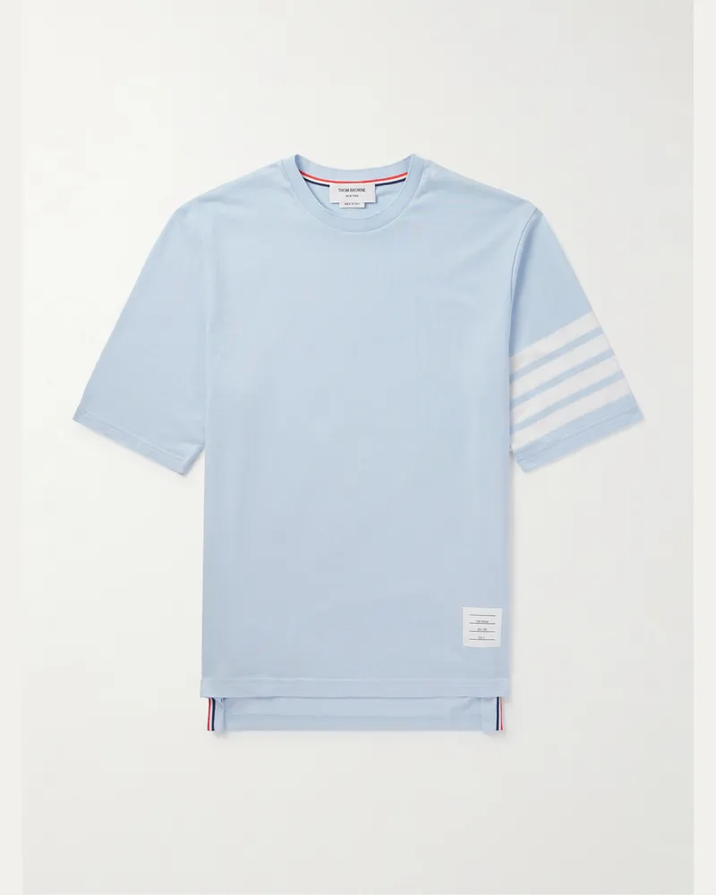 Thom Browne T-Shirt aus Baumwoll-Jersey mit Logoapplikation und Streifen Blau
