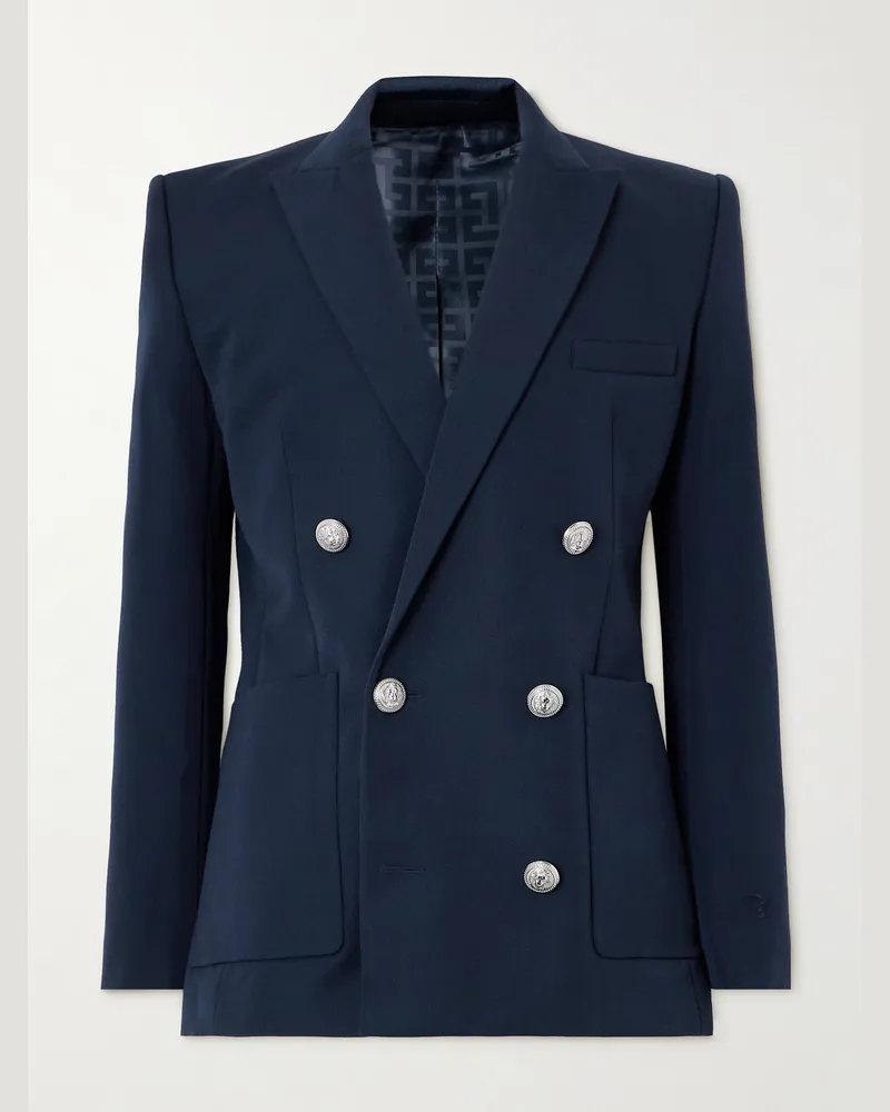 Balmain Double-Breasted Grain De Poudre Wool Blazer Blue