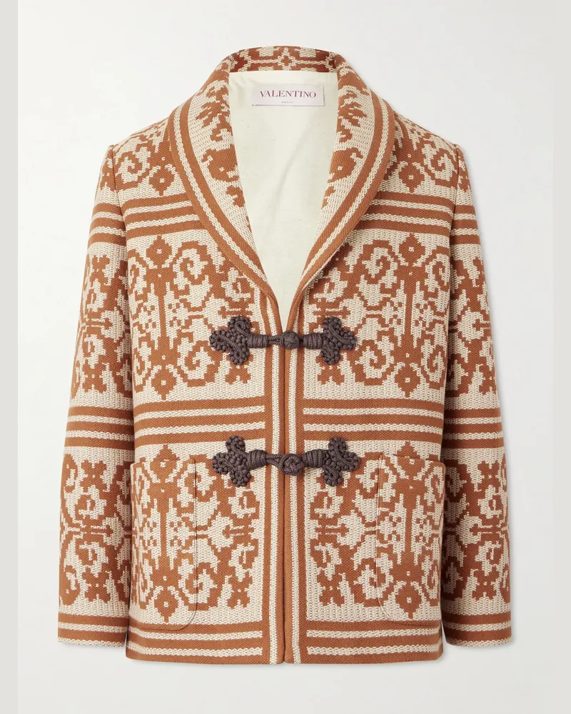 Valentino Garavani Cardigan aus Jacquard aus einer Baumwoll-Leinenmischung mit Schalkragen Braun
