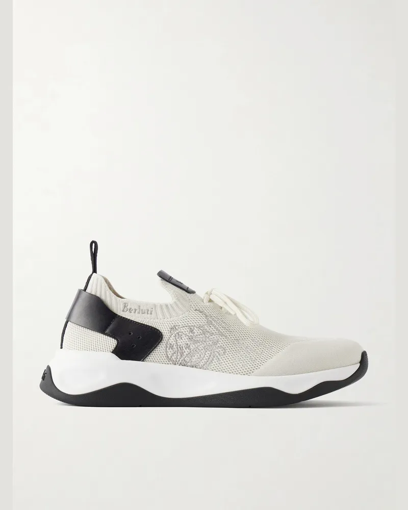 Berluti Shadow Logo-Embroidered Leather-Trimmed Stretch-Knit Sneakers White