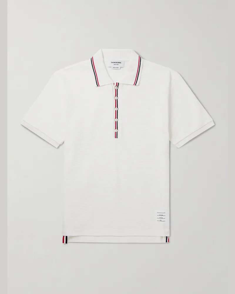 Thom Browne Polohemd aus Baumwolle in Waffelstrick mit Streifen und Logoapplikation Weiß