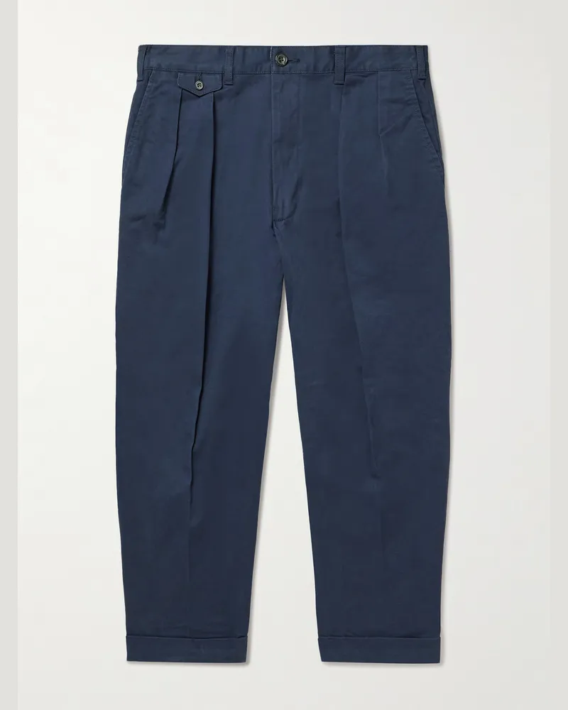 Beams Plus 2 Pleats Tapered Cropped Pleated Cotton-Blend Twill Trousers Blue