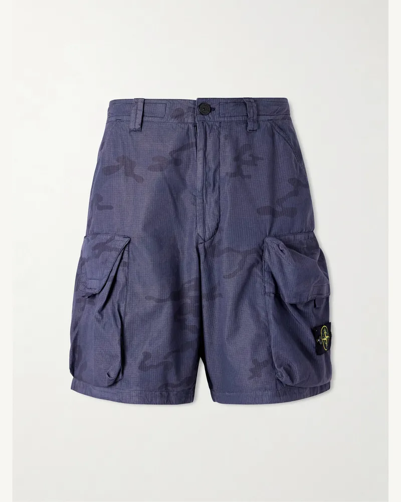 Stone Island Straight-Leg Camouflage-Print Ripstop Cotton-Blend Shorts Blue