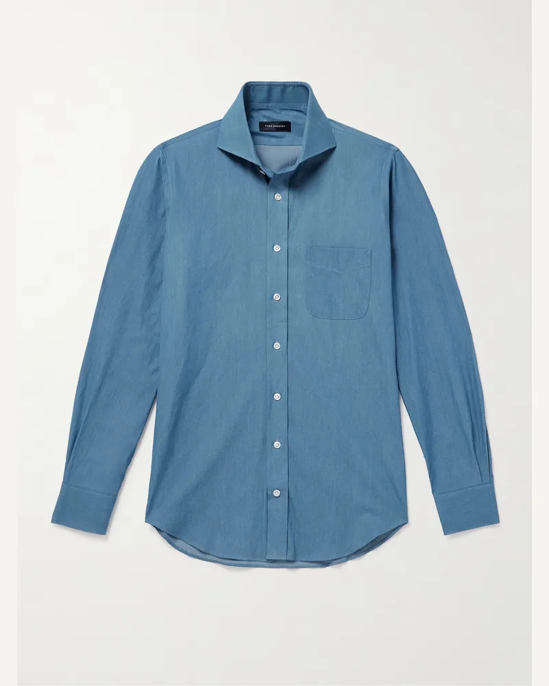 Thom Sweeney Schmal geschnittenes Hemd aus Baumwoll-Chambray mit Cutaway-Kragen Blau