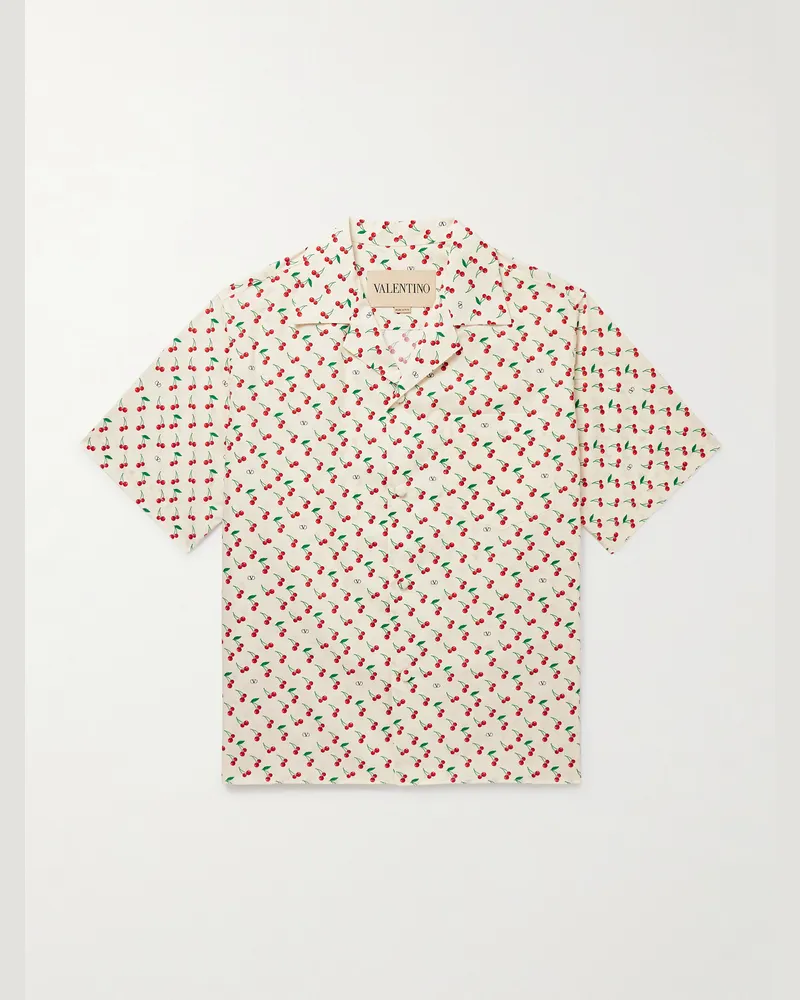 Valentino Garavani Camp-Collar Printed Cotton-Poplin Shirt Neutrals