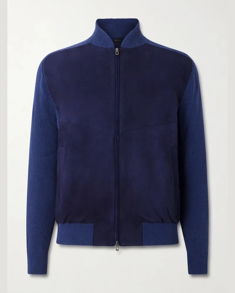 SEASE Suede and Ribbed Cotton and Cashmere-Blend Bomber Jacket Blue