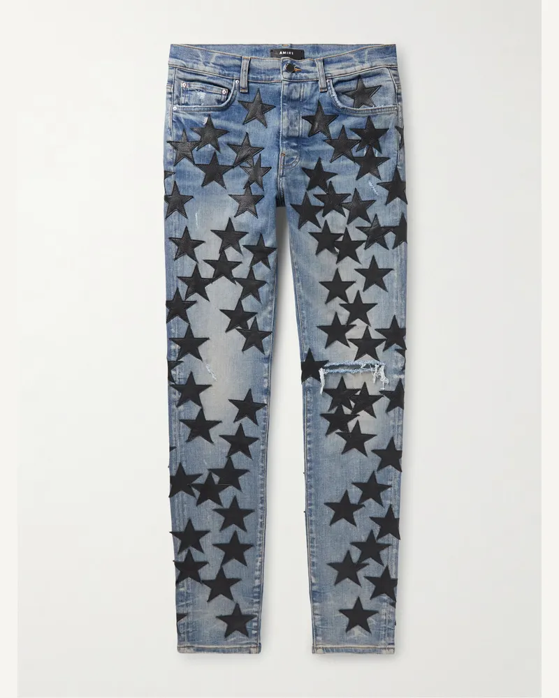 Amiri Chemist Skinny Jeans mit Lederapplikationen in Distressed-Optik Blau
