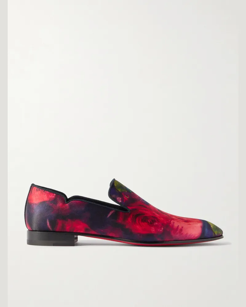 Christian Louboutin Dandy Chick Loafers aus Satin mit Blumenprint und Ripsband Rot