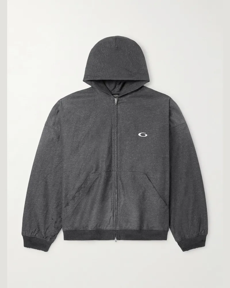 Balenciaga Logo-Embroidered Printed Denim Zip-Up Hoodie Gray