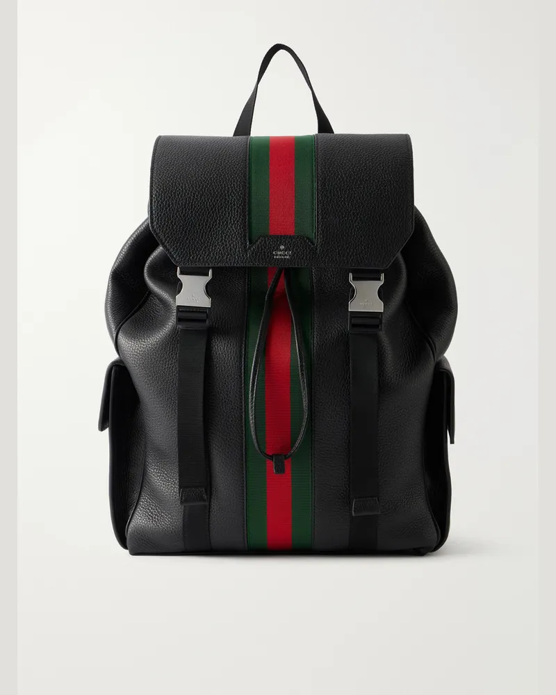 Gucci Webbing-Trimmed Full-Grain Leather Backpack Black