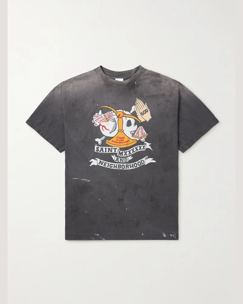 SAINT MXXXXXX Neighborhood T-Shirt aus Baumwoll-Jersey mit Logoprint in Distressed-Optik Grau