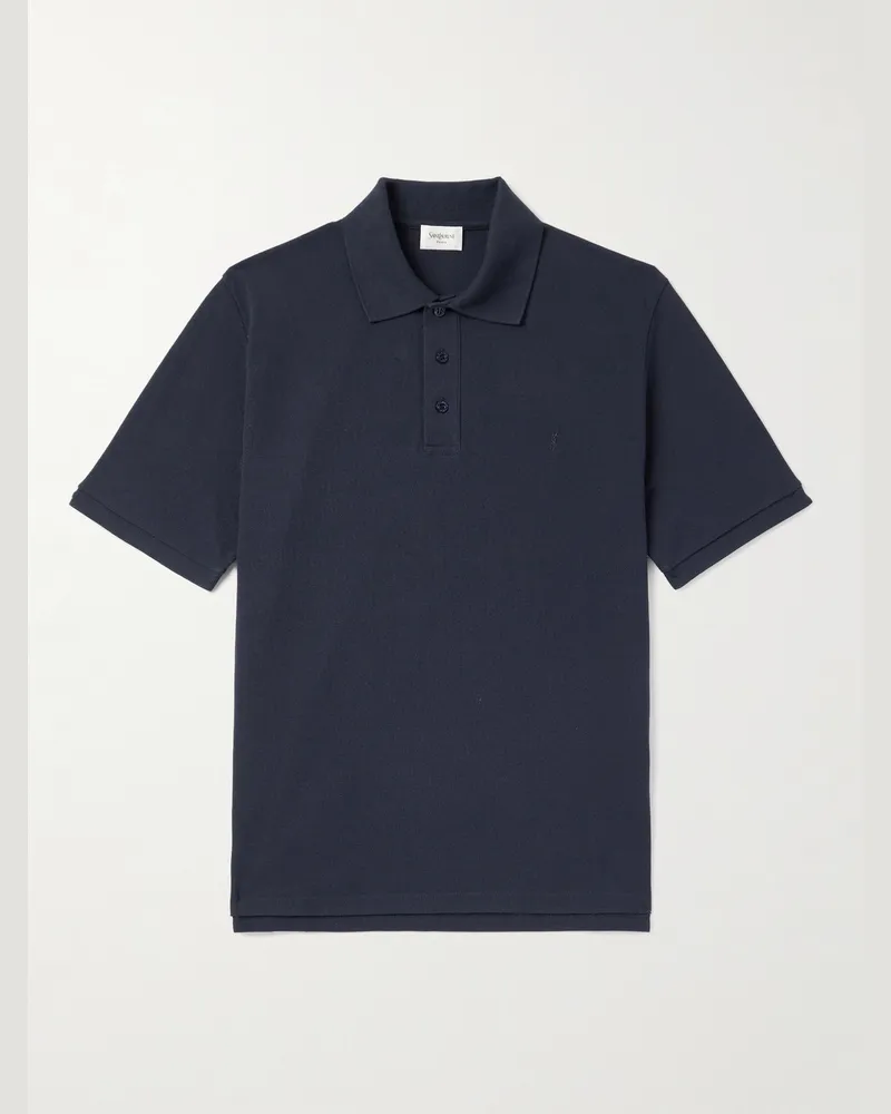 Saint Laurent Logo-Embroidered Cotton-Blend Piqué Polo Shirt Blue