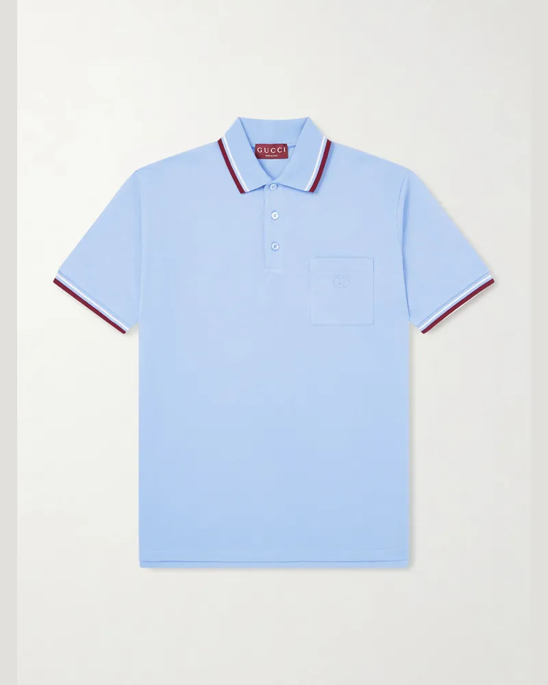 Gucci Logo-Embroidered Stretch-Cotton Piqué Polo Shirt Blue