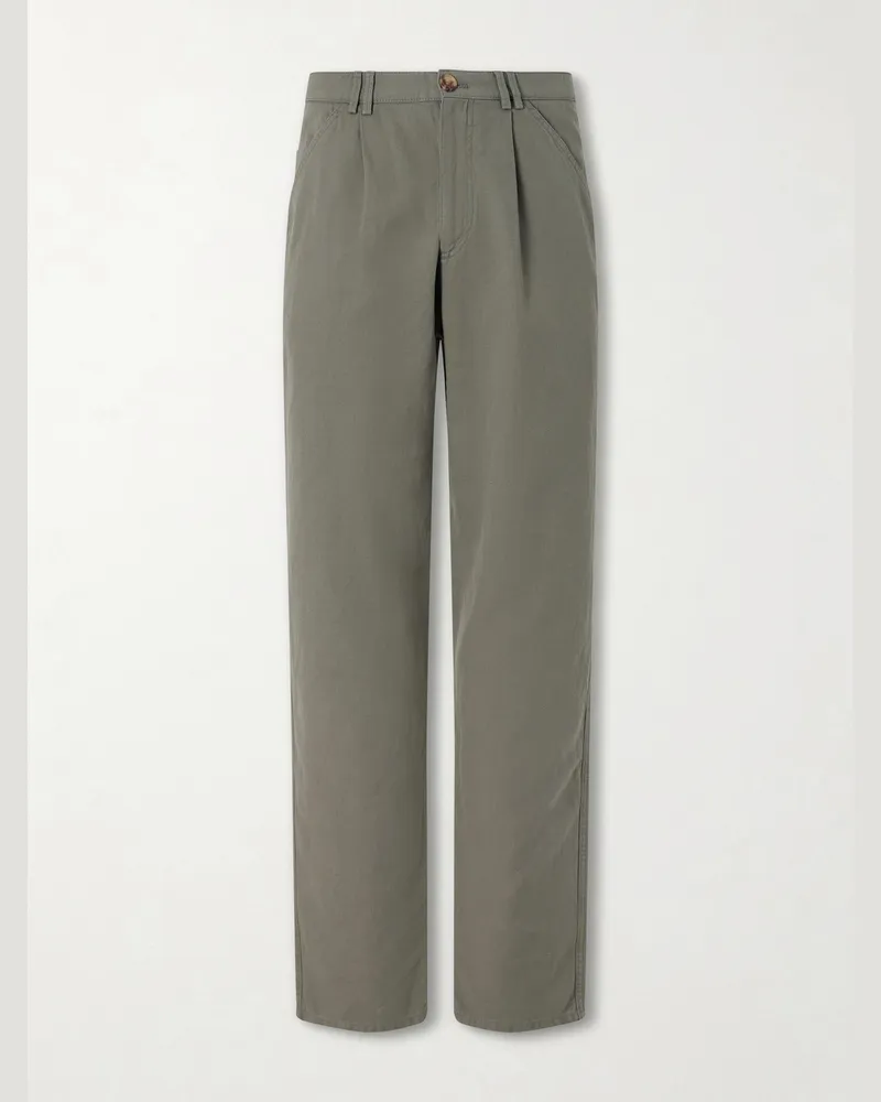 Brunello Cucinelli Straight-Leg Pleated Cotton and Linen-Blend Trousers Green