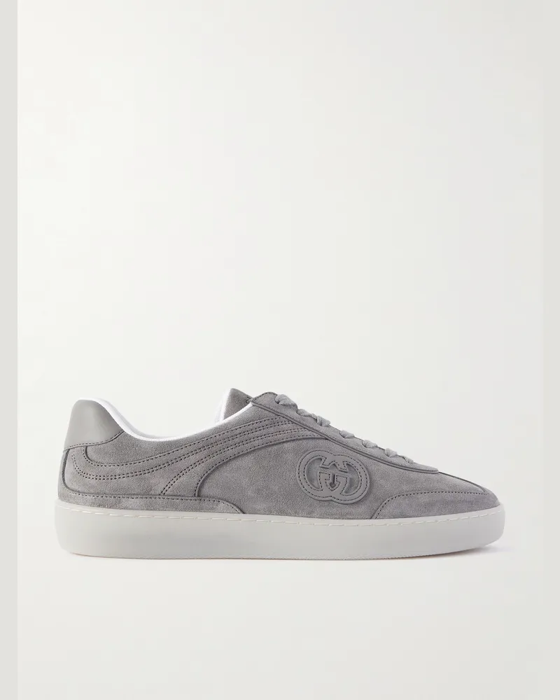 Gucci G75 Logo-Appliquéd Leather-Trimmed Suede Sneakers Gray