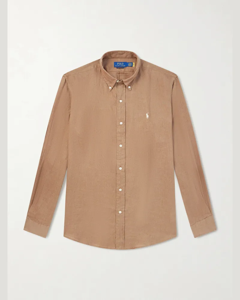 Ralph Lauren Hemd aus Leinen mit Logostickerei und Button-Down-Kragen Braun