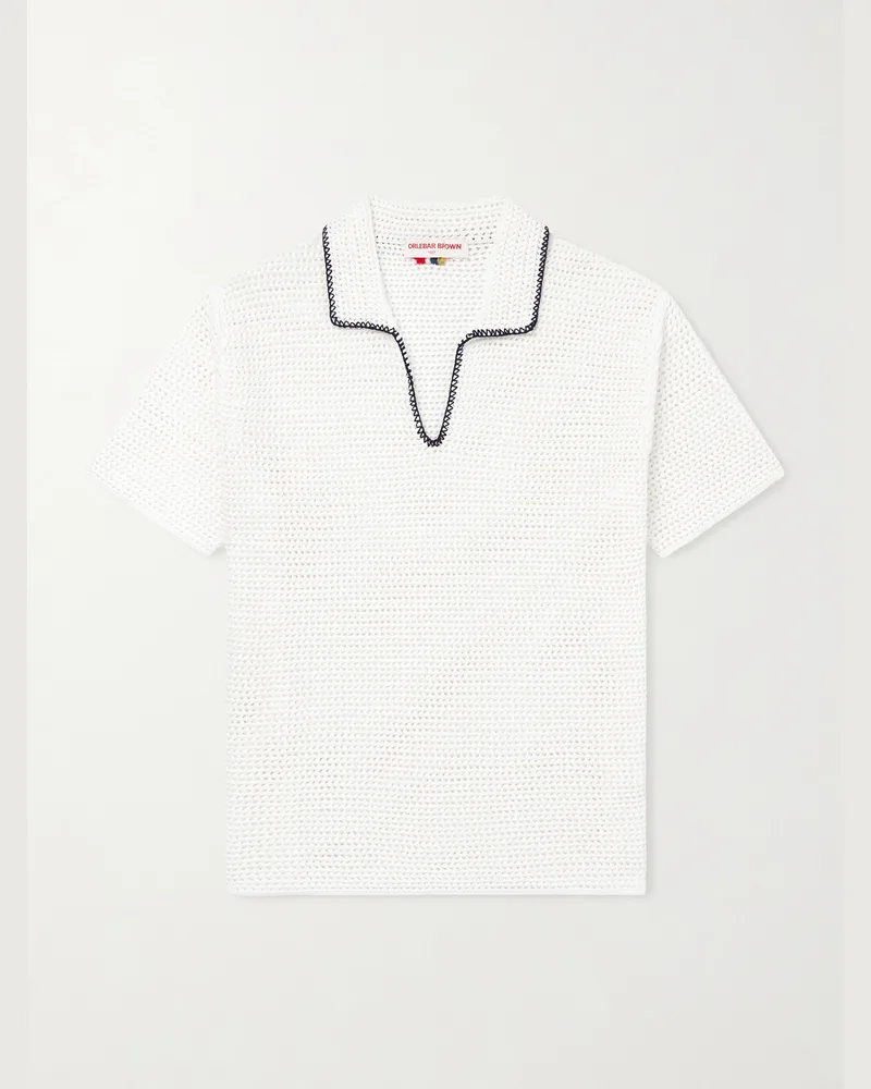 Orlebar Brown Batten Embroidered Open-Knit Cotton Polo Shirt Neutrals